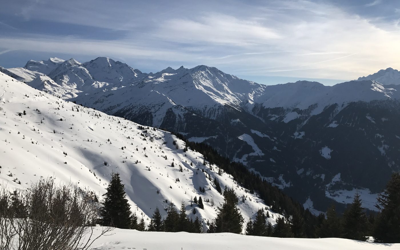 Groomed ski slopes above Verbier, Switzerland