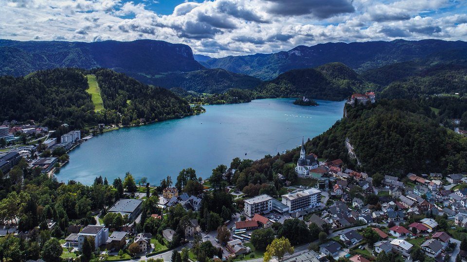 Lake Bled with its island church and the Julian Alps behind
