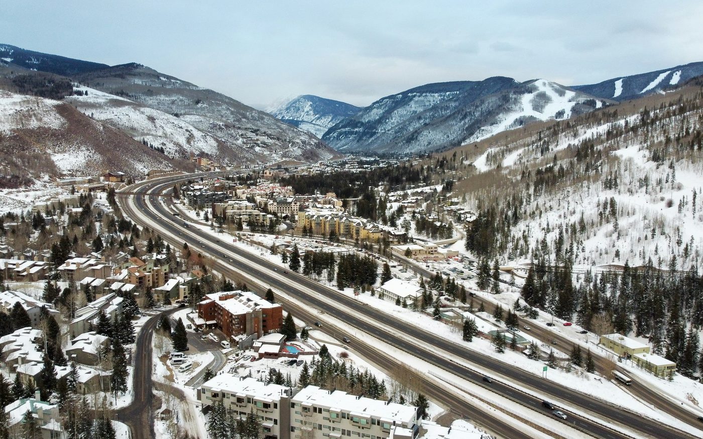 Aerial view of Vail village among snow-covered Colorado mountains