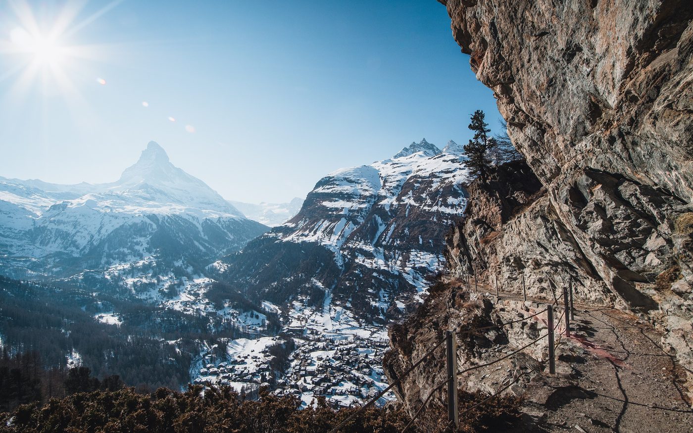 The Matterhorn rising above snow-covered Zermatt