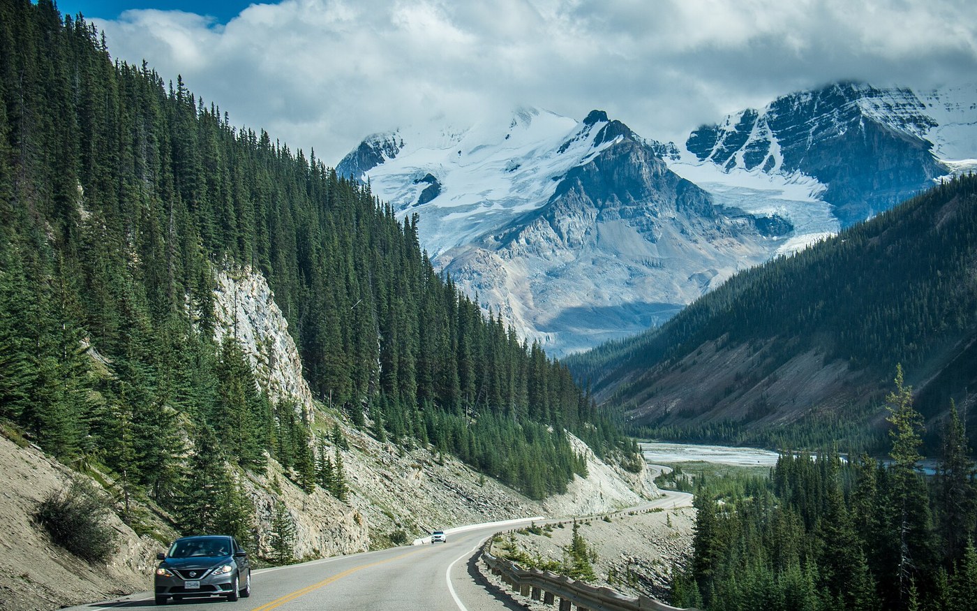 A winding section of the Icefields Parkway through the Canadian Rockies
