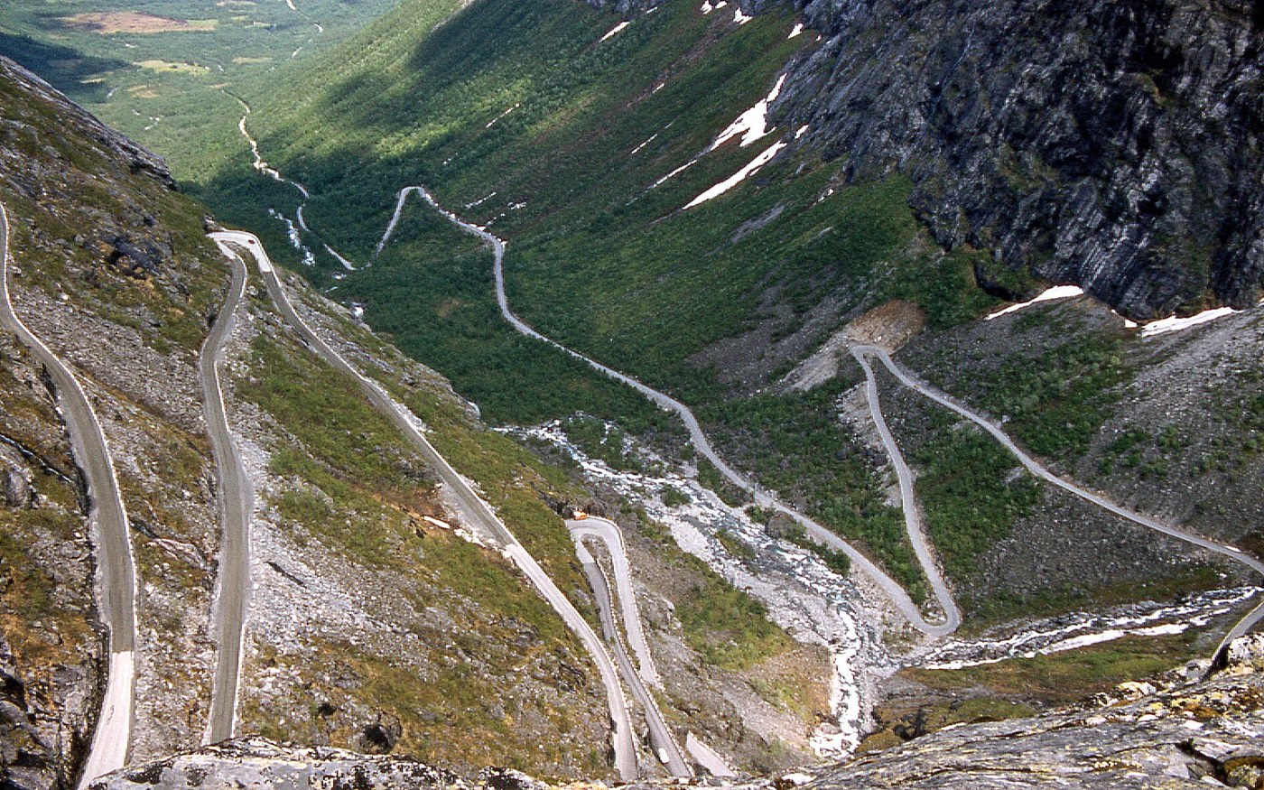 The hairpin bends of Trollstigen climbing a steep Norwegian valley