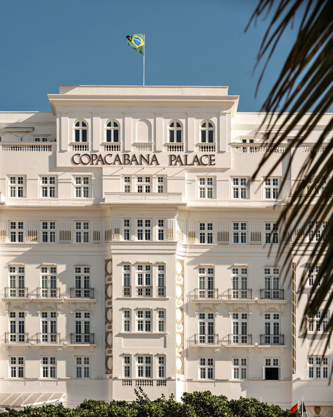 The white Art Deco facade of Copacabana Palace in Rio de Janeiro