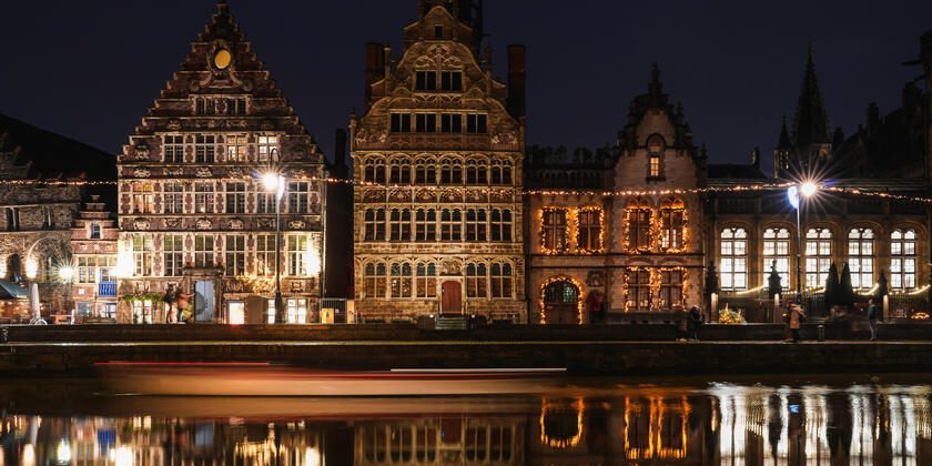 The Graslei waterfront in Ghent at evening