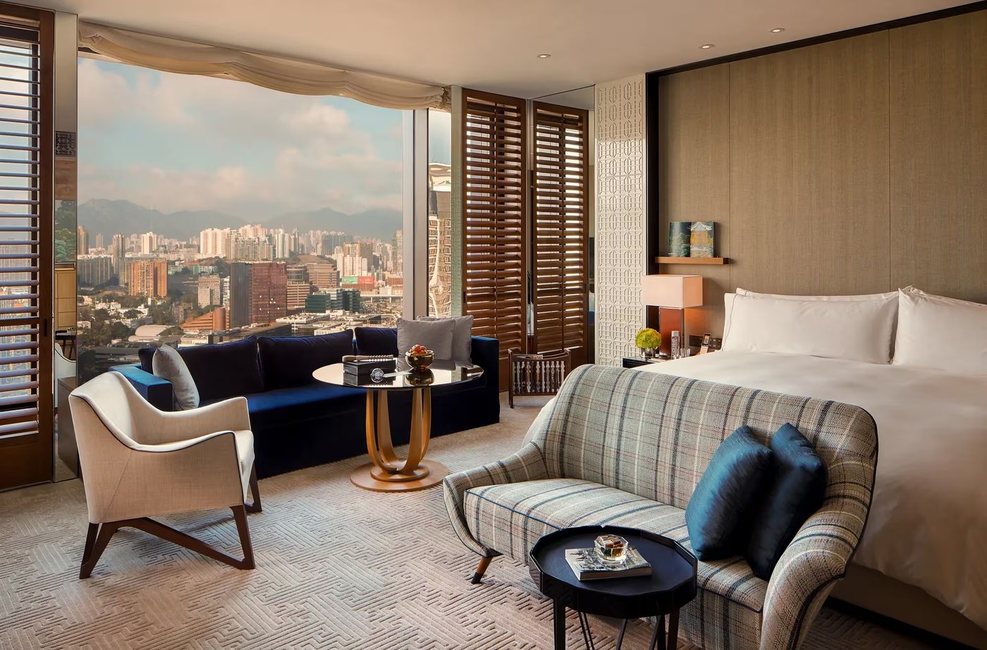 A Kowloon Peak View King Room at Rosewood Hong Kong, looking across Victoria Harbour