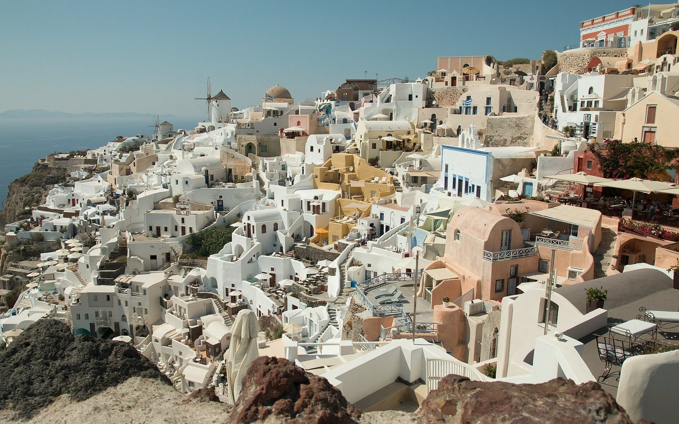 Whitewashed Oia overlooking Santorini's blue caldera