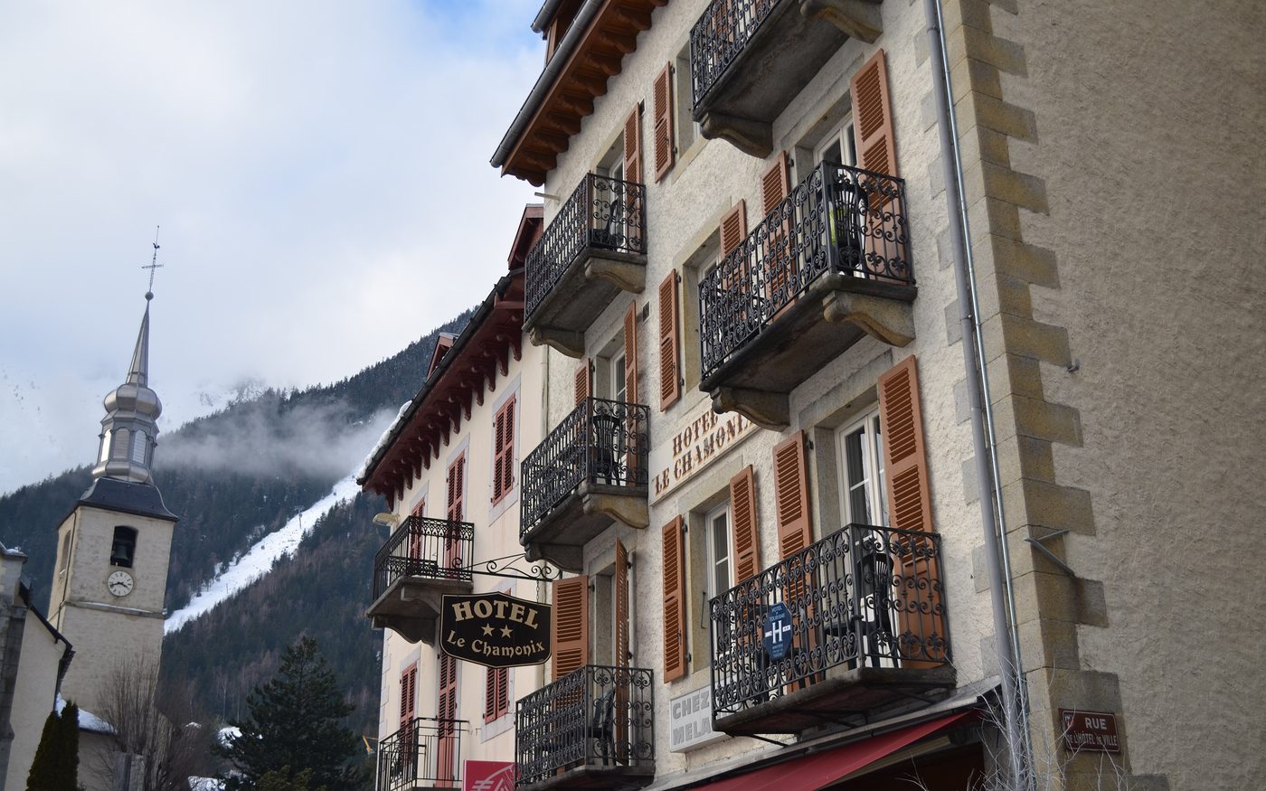 The town of Chamonix under snow below Mont Blanc