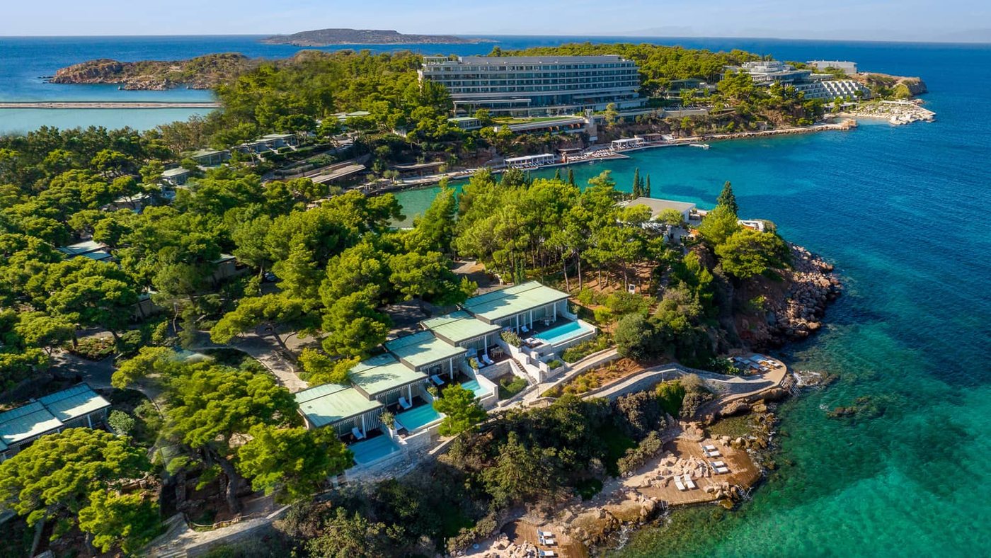 Aerial view of the Astir Peninsula and Four Seasons Astir Palace, Athens
