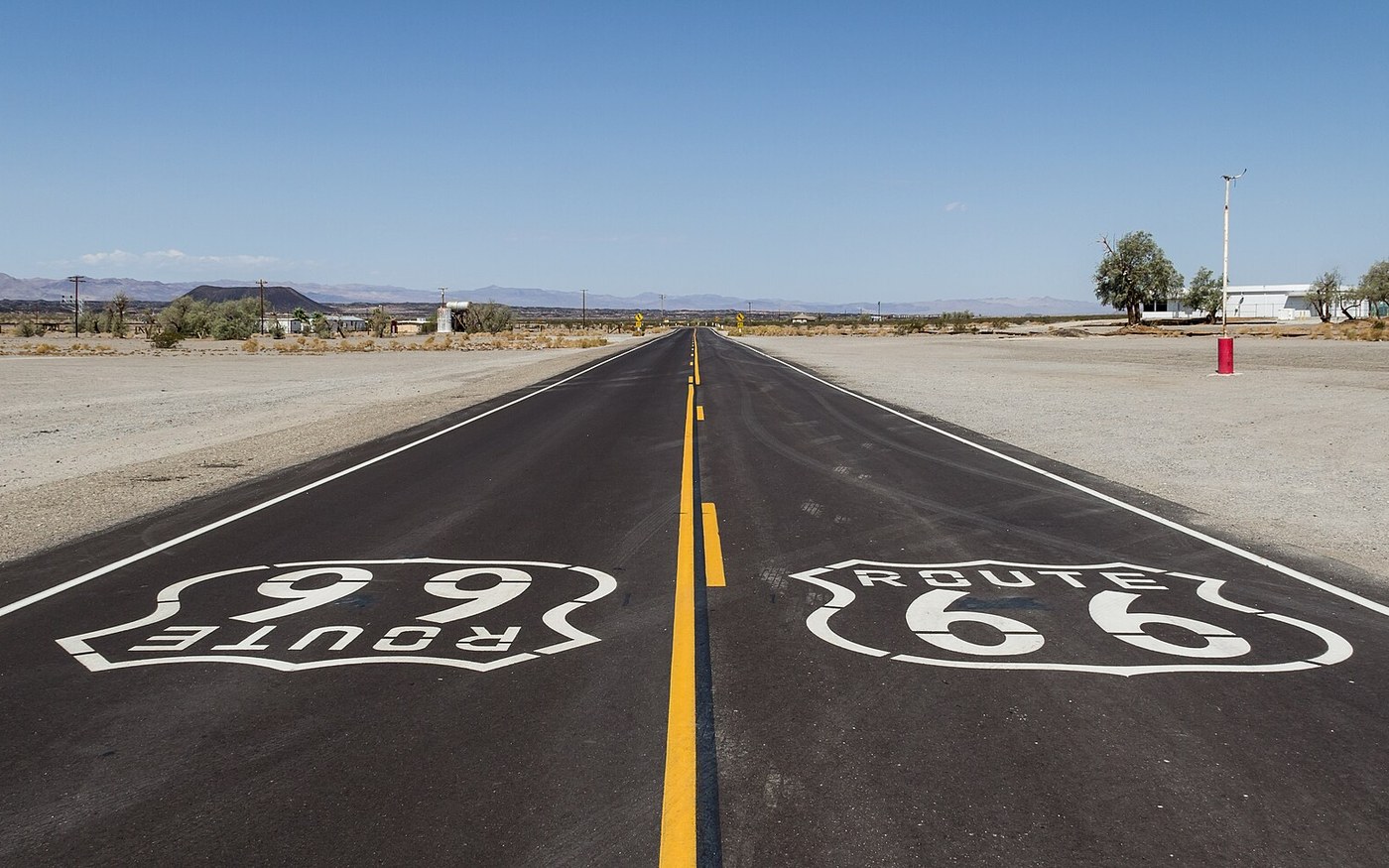 Historic Route 66 crossing the desert near Amboy, California