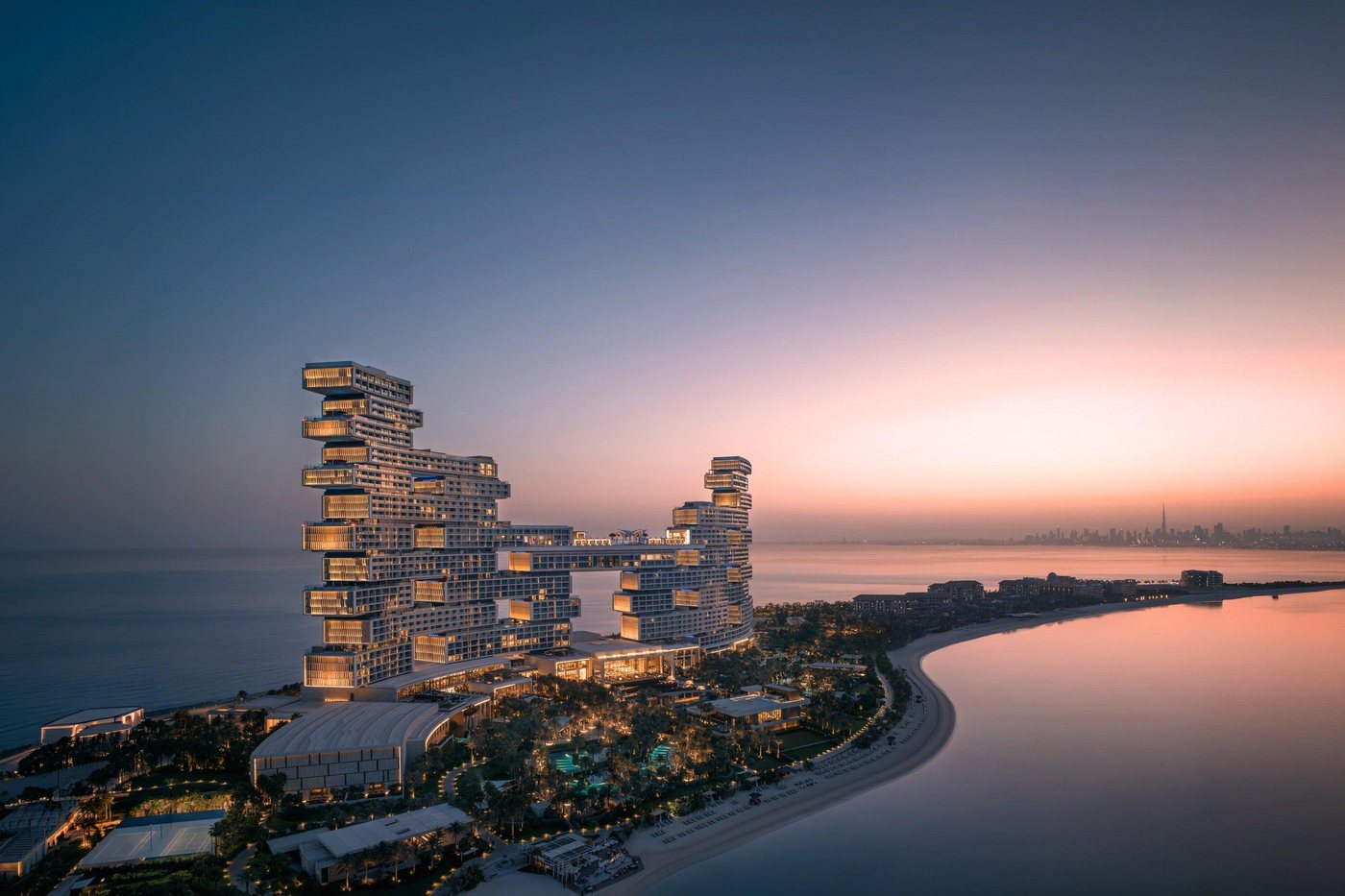 Atlantis The Royal on Palm Jumeirah, Dubai, seen at dusk