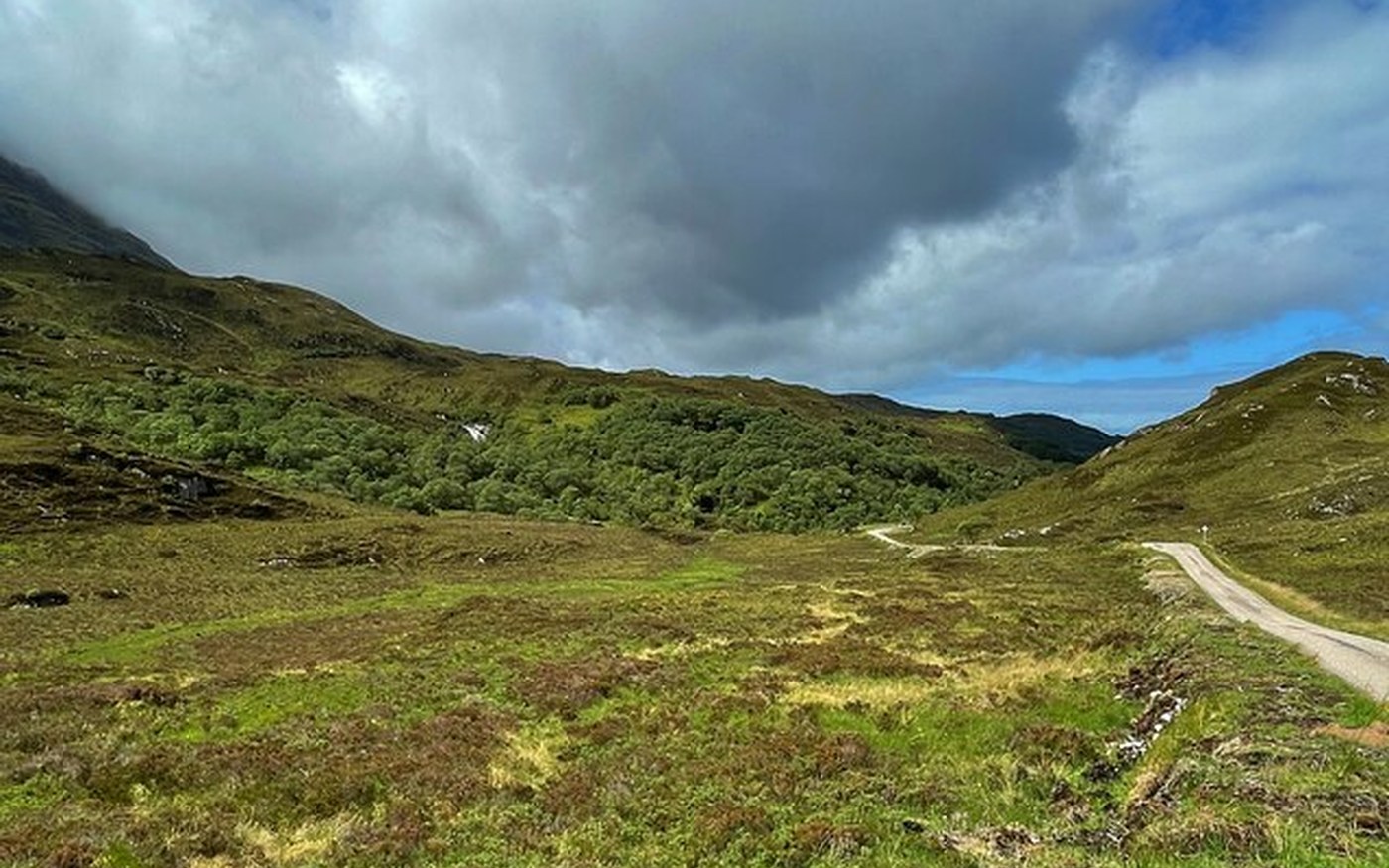 Single-track road through the Scottish Highlands on the North Coast 500