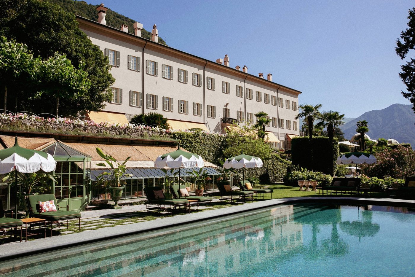 The pool and villa facade at Passalacqua above Lake Como