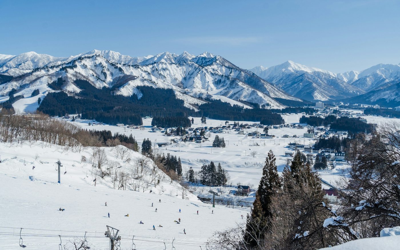 Snowy Hakuba valley below the Japanese Northern Alps