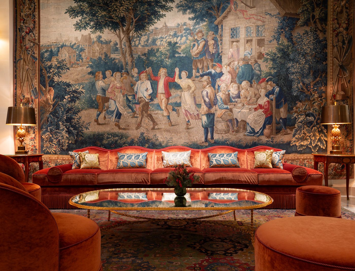 The tapestried lobby salon of Le Bristol Paris