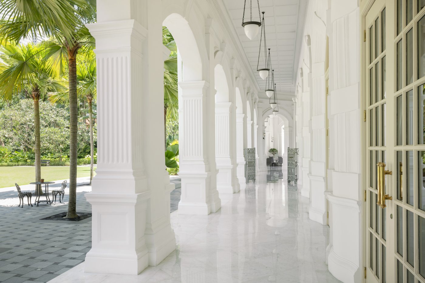 The colonnade walkway at Raffles Singapore