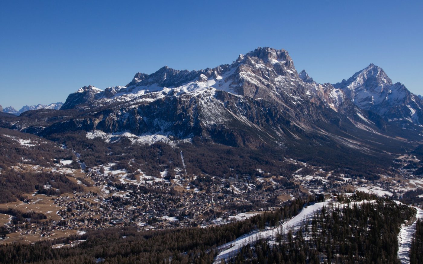 Snow-covered Dolomite peaks above Cortina d'Ampezzo